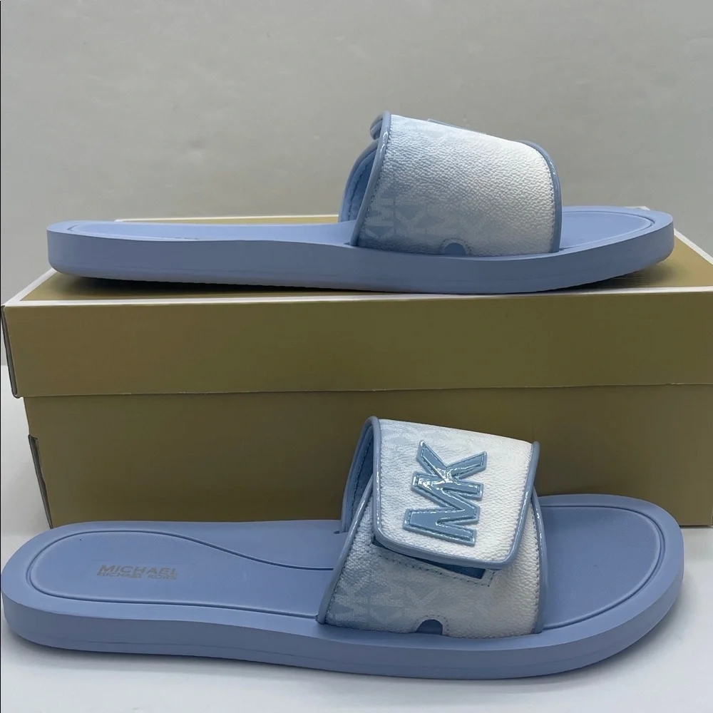 Michael Kors Slide Logo Sandals Palmer Ombré Signature Light Sky Multi NWT